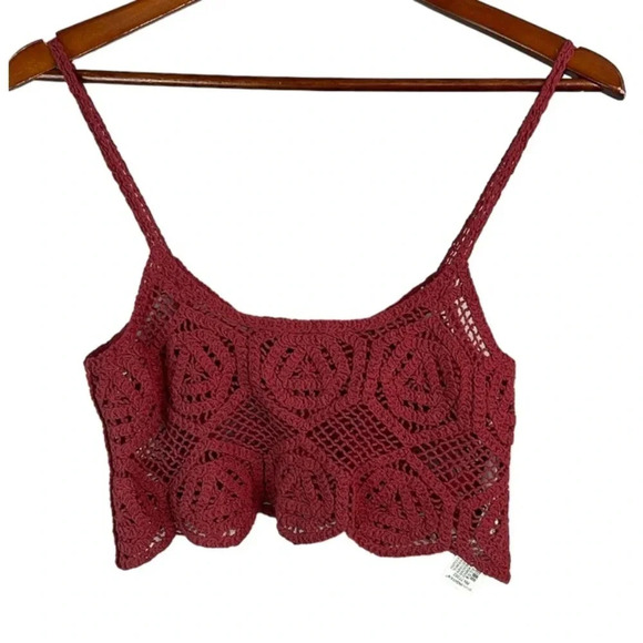 ZARA Crochet Crop Tank Top Rusty Maroon Spaghetti Strap Bohemian Festival M - Picture 9 of 9
